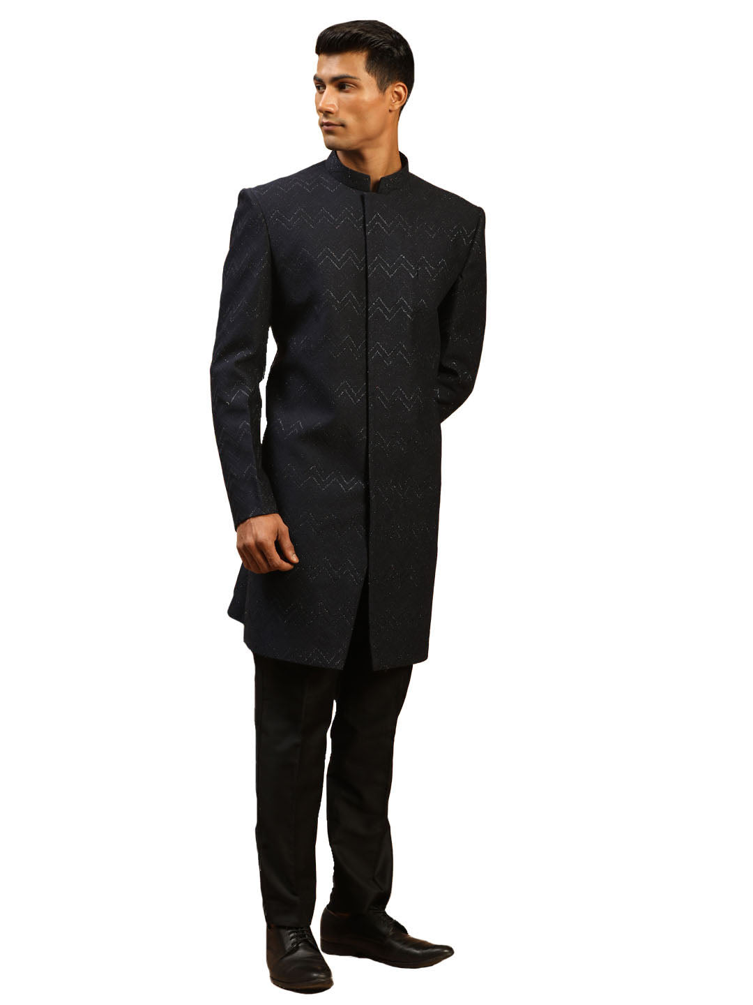 Men's Navy Blue And Black Silk Sherwani Set - Shrestha By Vastramay