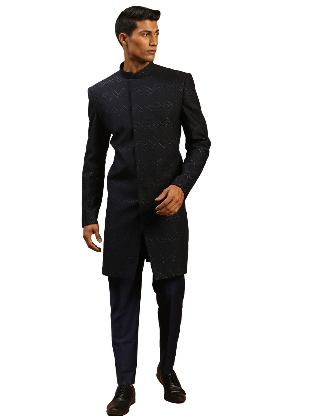 Men's Navy Blue Silk Sherwani Set - Shrestha By Vastramay