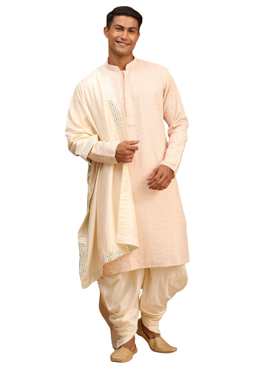 Men's Pink And Cream Georgette Kurta Dhoti Set With Dupatta - Shrestha By Vastramay