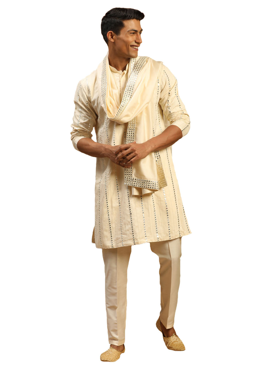 Men's Cream Viscose Kurta, Pyjama & Dupatta Set - Shrestha By Vastramay