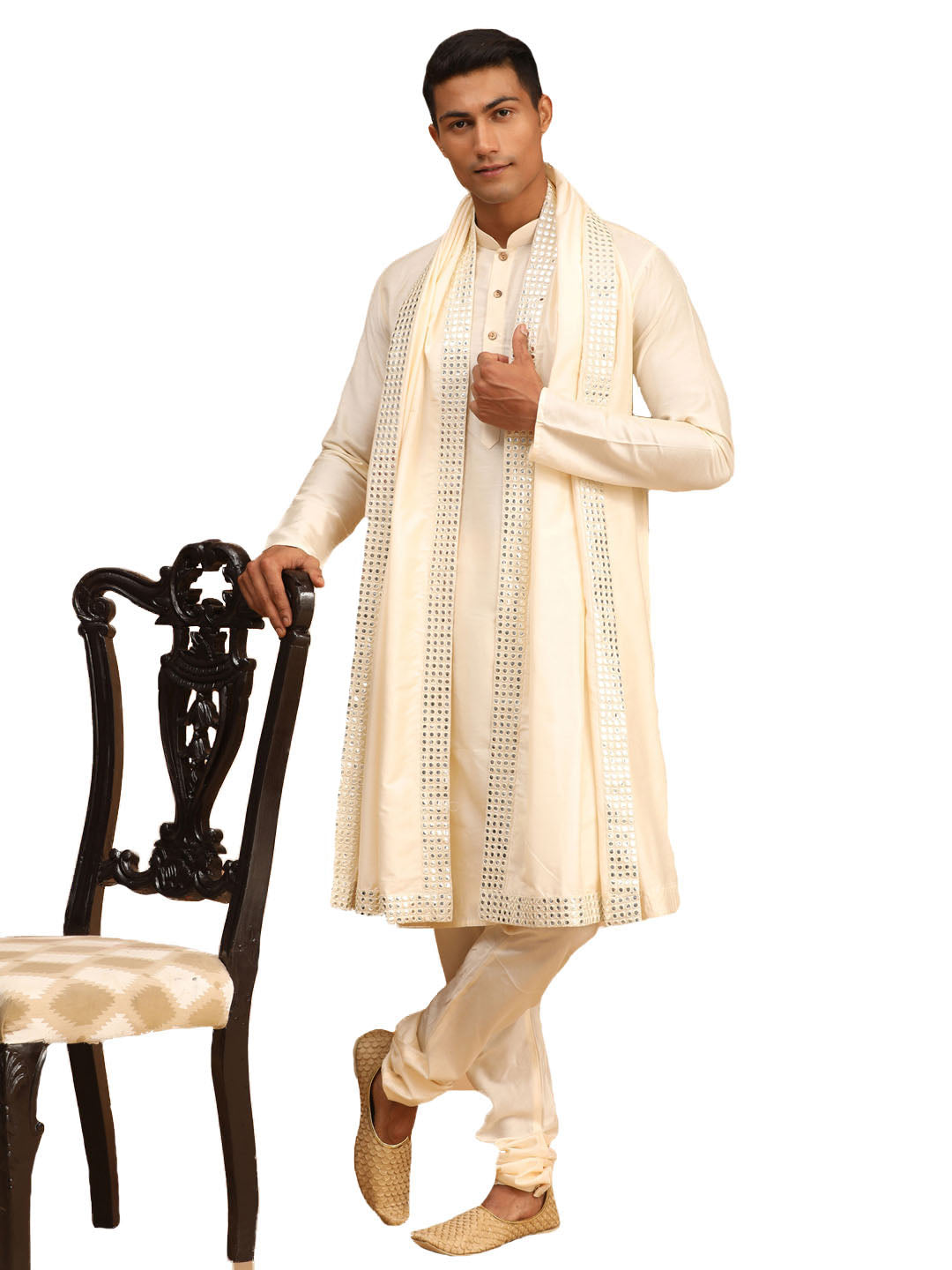 Men's Cream Viscose Kurta, Pyjama & Dupatta Set - Shrestha By Vastramay