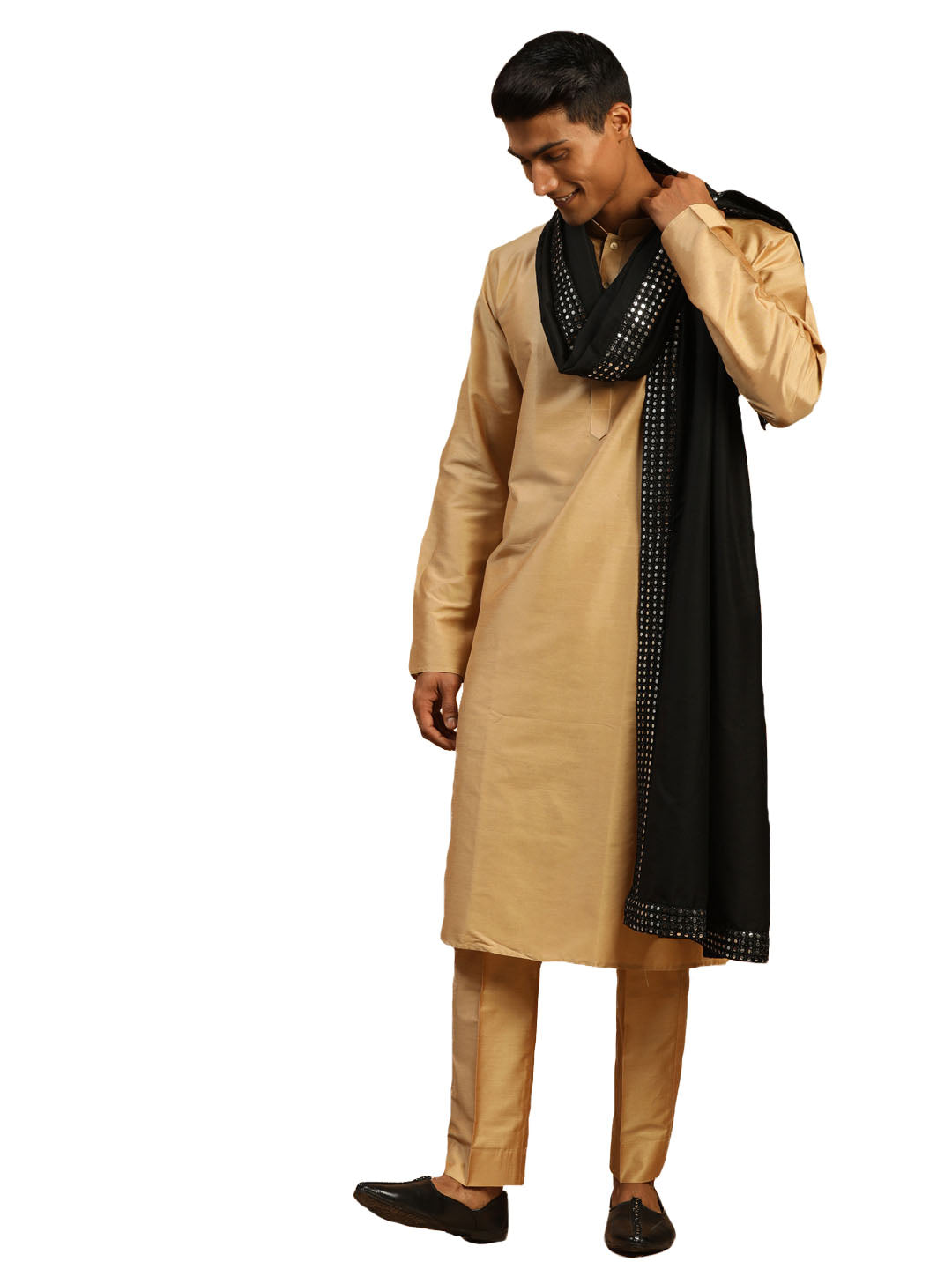 Men's Rose Gold And Black Viscose Kurta, Pyjama & Dupatta Set - Shrestha By Vastramay