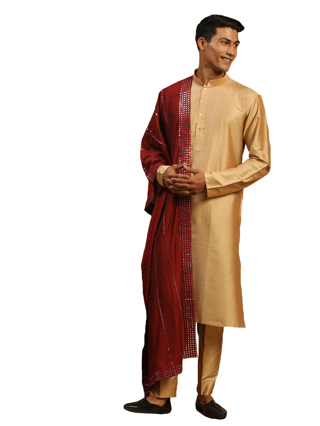 Men's Rose Gold And Maroon Viscose Kurta, Pyjama & Dupatta Set - Shrestha By Vastramay