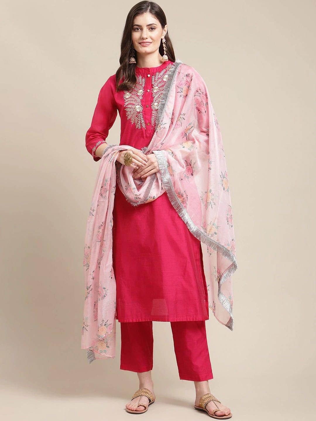 Varanga Women Magenta Floral Chanderi Silk Kurta with Trousers With Dupatta - Indiakreations