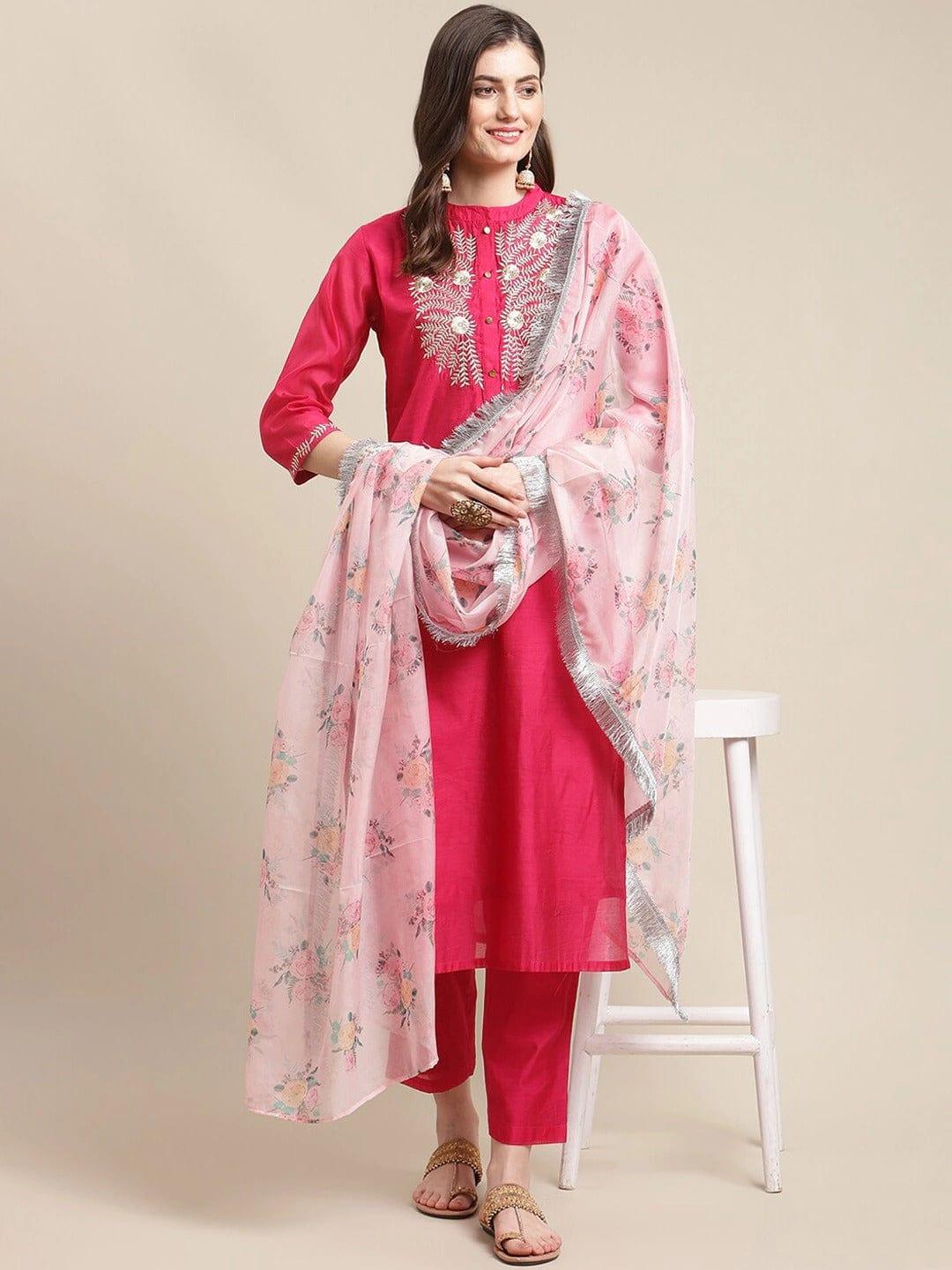 Varanga Women Magenta Floral Chanderi Silk Kurta with Trousers With Dupatta - Indiakreations