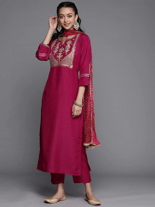 Varanga Women Magenta Ethnic Motifs Yoke Design Gotta Patti Kurta with Trousers With Dupatta - Indiakreations