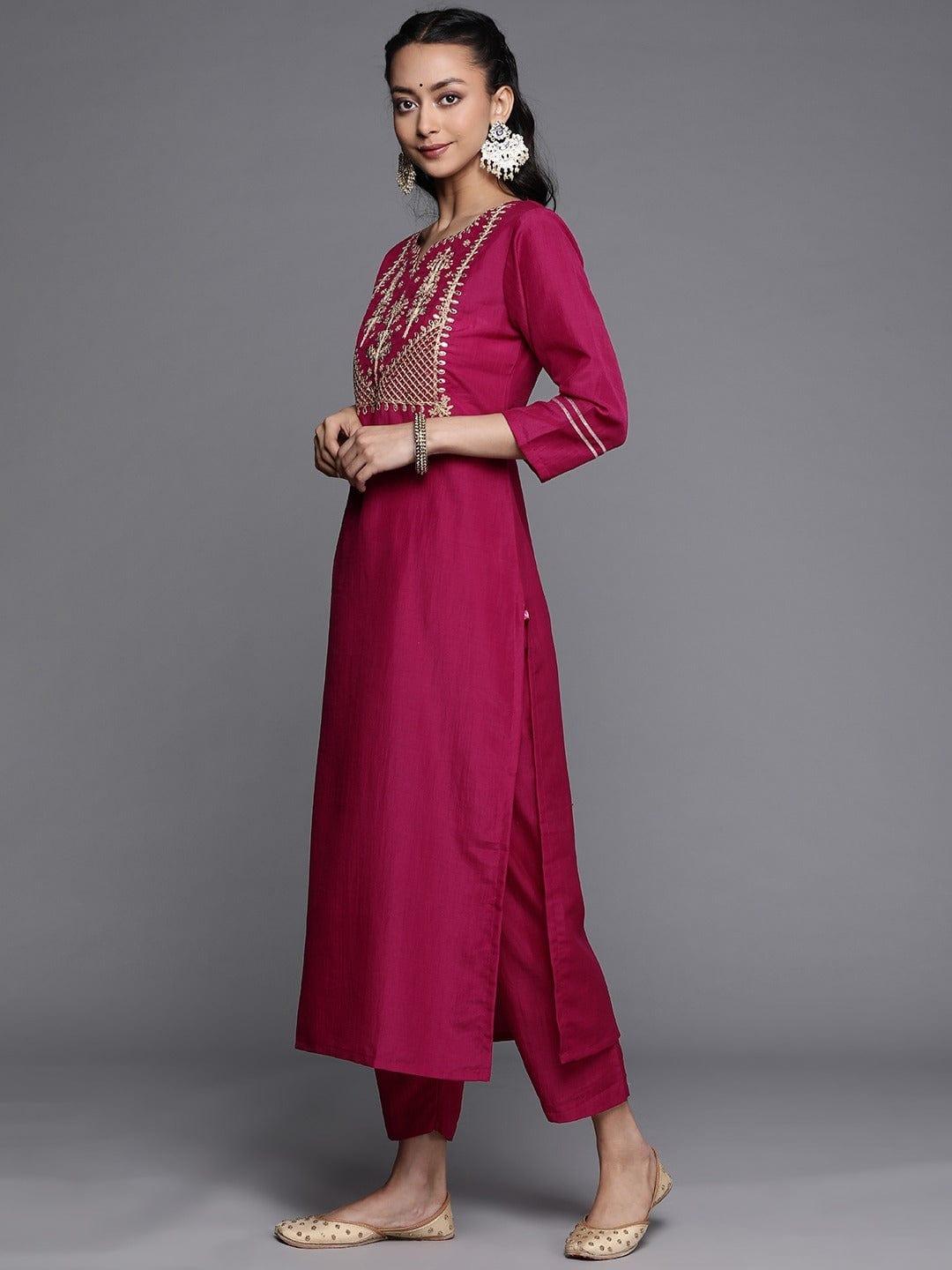 Varanga Women Magenta Ethnic Motifs Yoke Design Gotta Patti Kurta with Trousers With Dupatta - Indiakreations