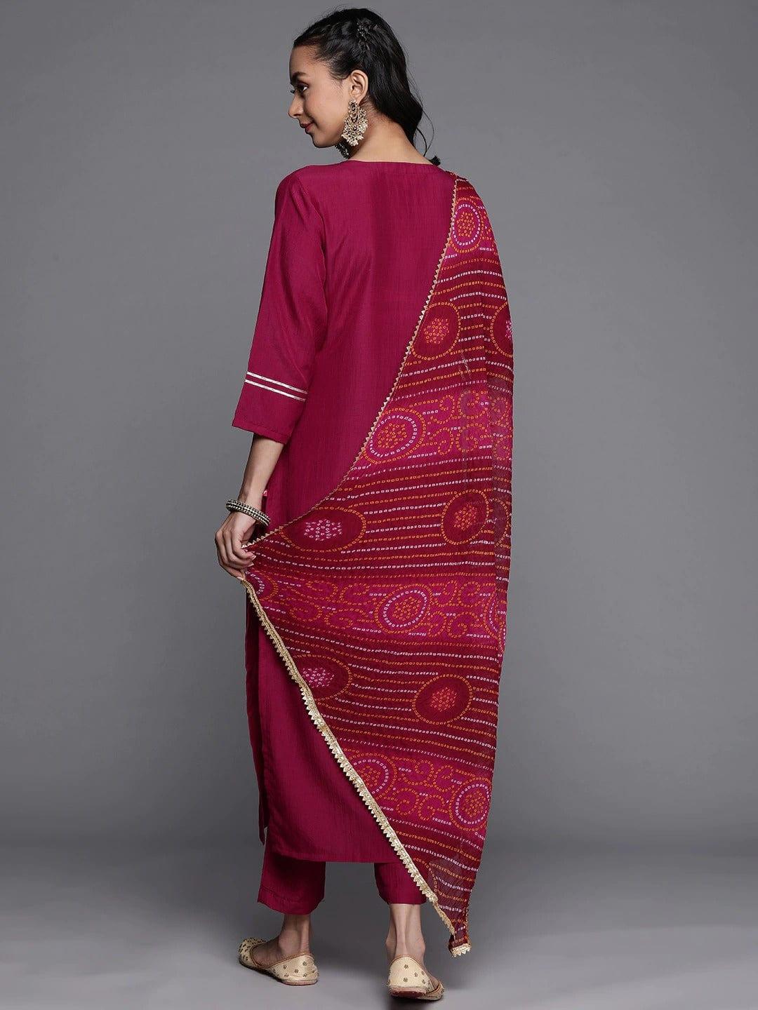 Varanga Women Magenta Ethnic Motifs Yoke Design Gotta Patti Kurta with Trousers With Dupatta - Indiakreations