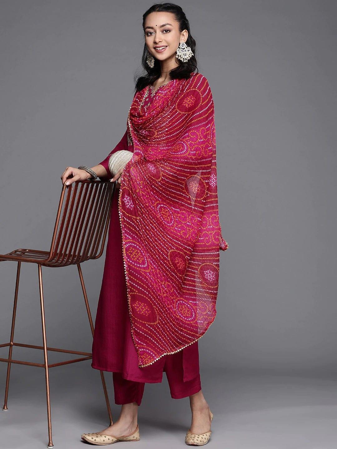 Varanga Women Magenta Ethnic Motifs Yoke Design Gotta Patti Kurta with Trousers With Dupatta - Indiakreations