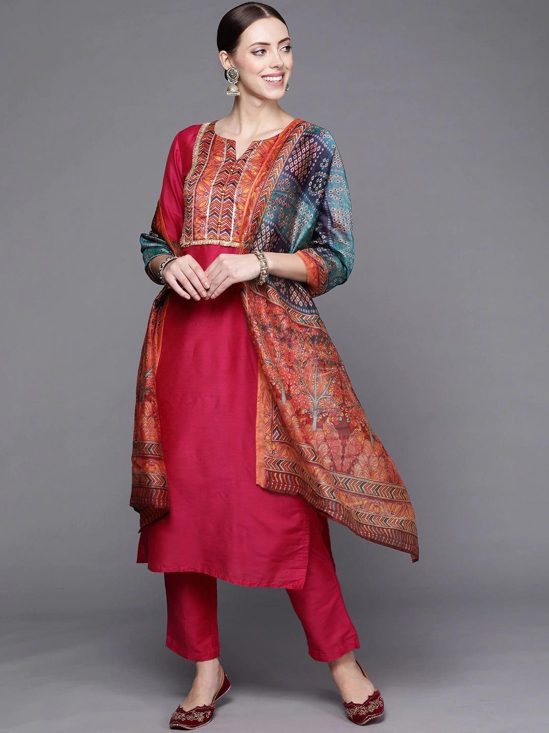 Varanga Women Fuchsia Yoke Design Kurta with Trousers & With Dupatta - Indiakreations