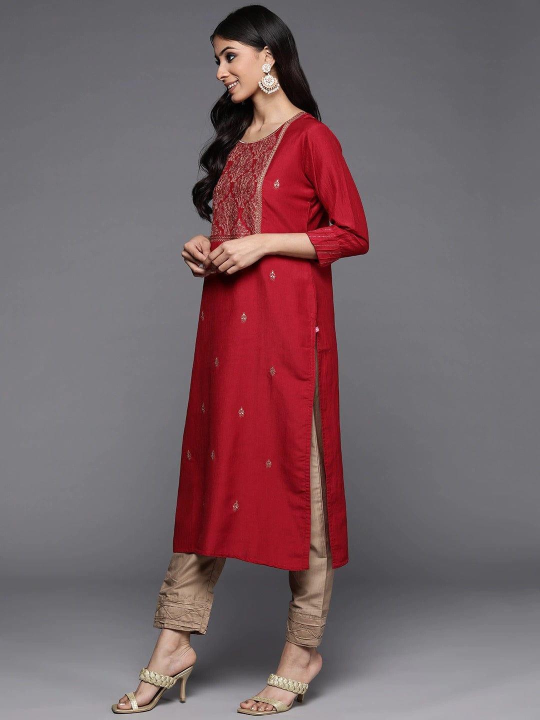 Varanga Women Maroon Floral Embroidered Thread Work Kurta with Trousers With Dupatta - Indiakreations