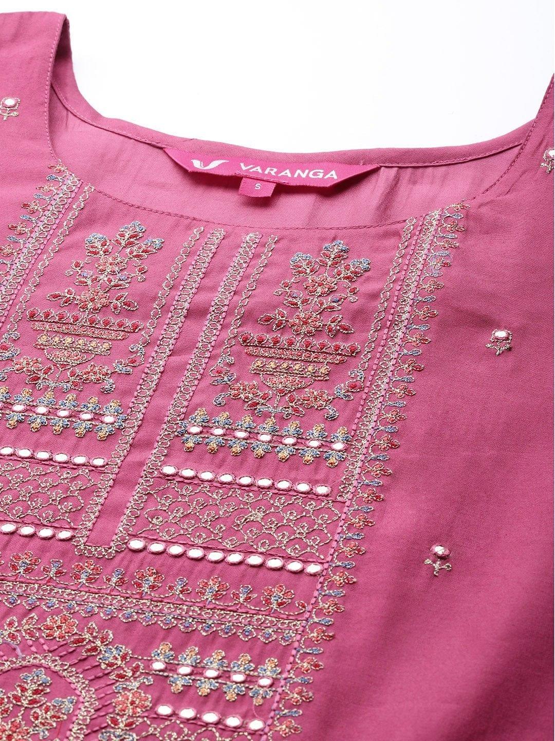 Varanga Women Pink Ethnic Motifs Embroidered Silk Crepe Kurta with Trousers With Dupatta - Indiakreations