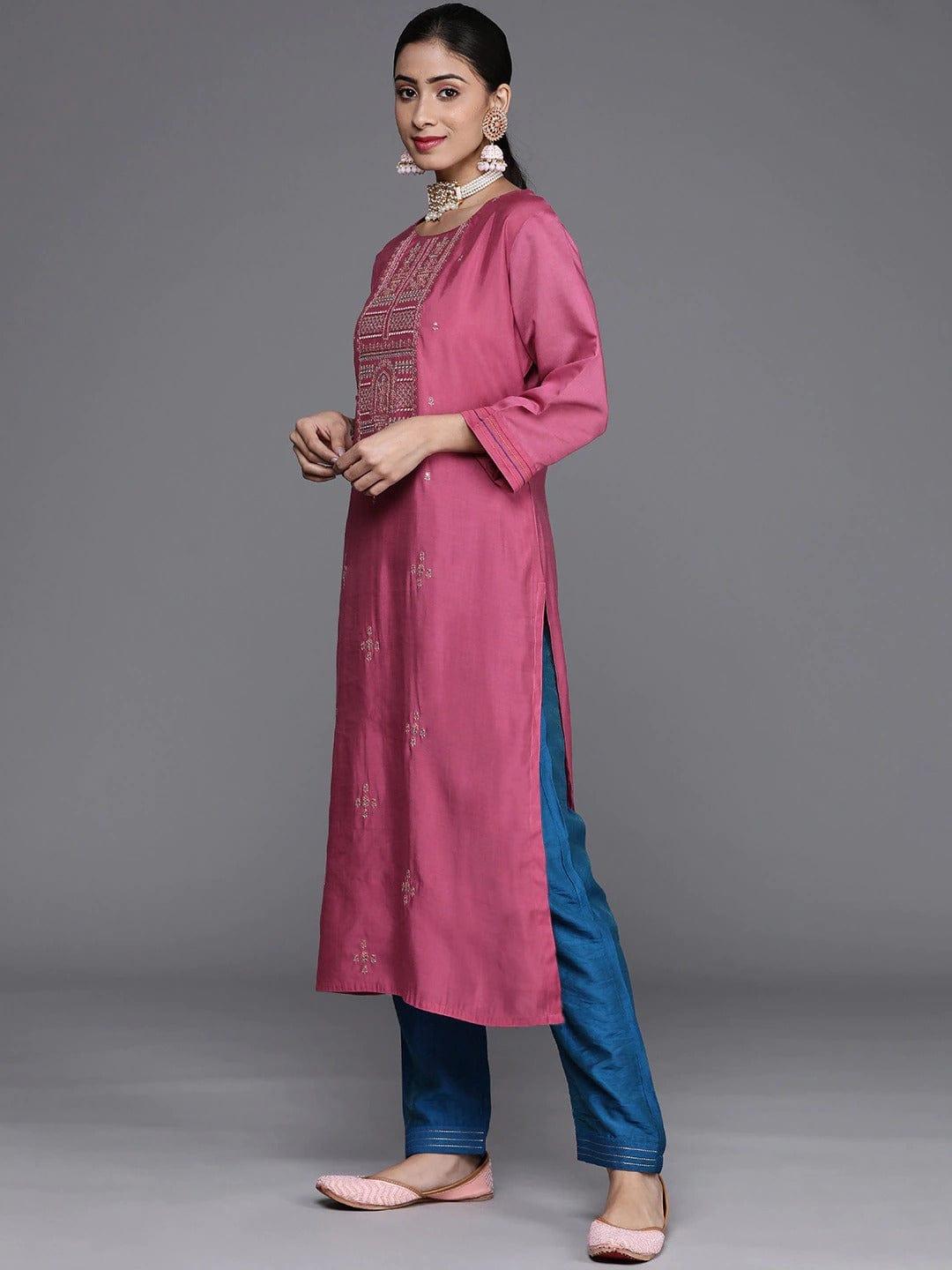 Varanga Women Pink Ethnic Motifs Embroidered Silk Crepe Kurta with Trousers With Dupatta - Indiakreations