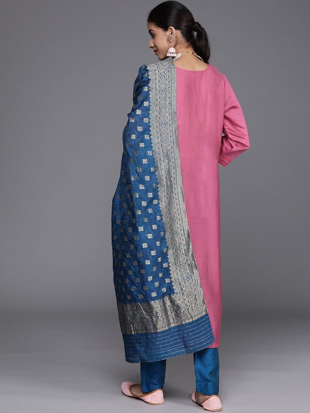 Varanga Women Pink Ethnic Motifs Embroidered Silk Crepe Kurta with Trousers With Dupatta - Indiakreations