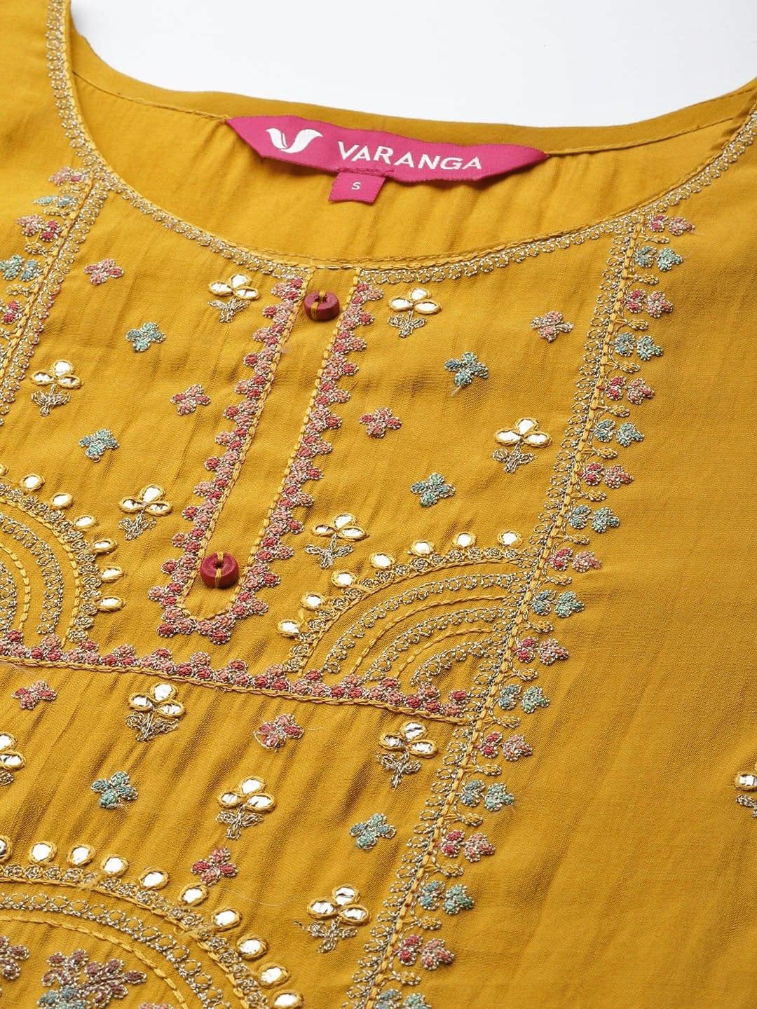 Varanga Women Mustard Yellow Ethnic Motifs Embroidered Kurta with Trousers Dupatta - Indiakreations