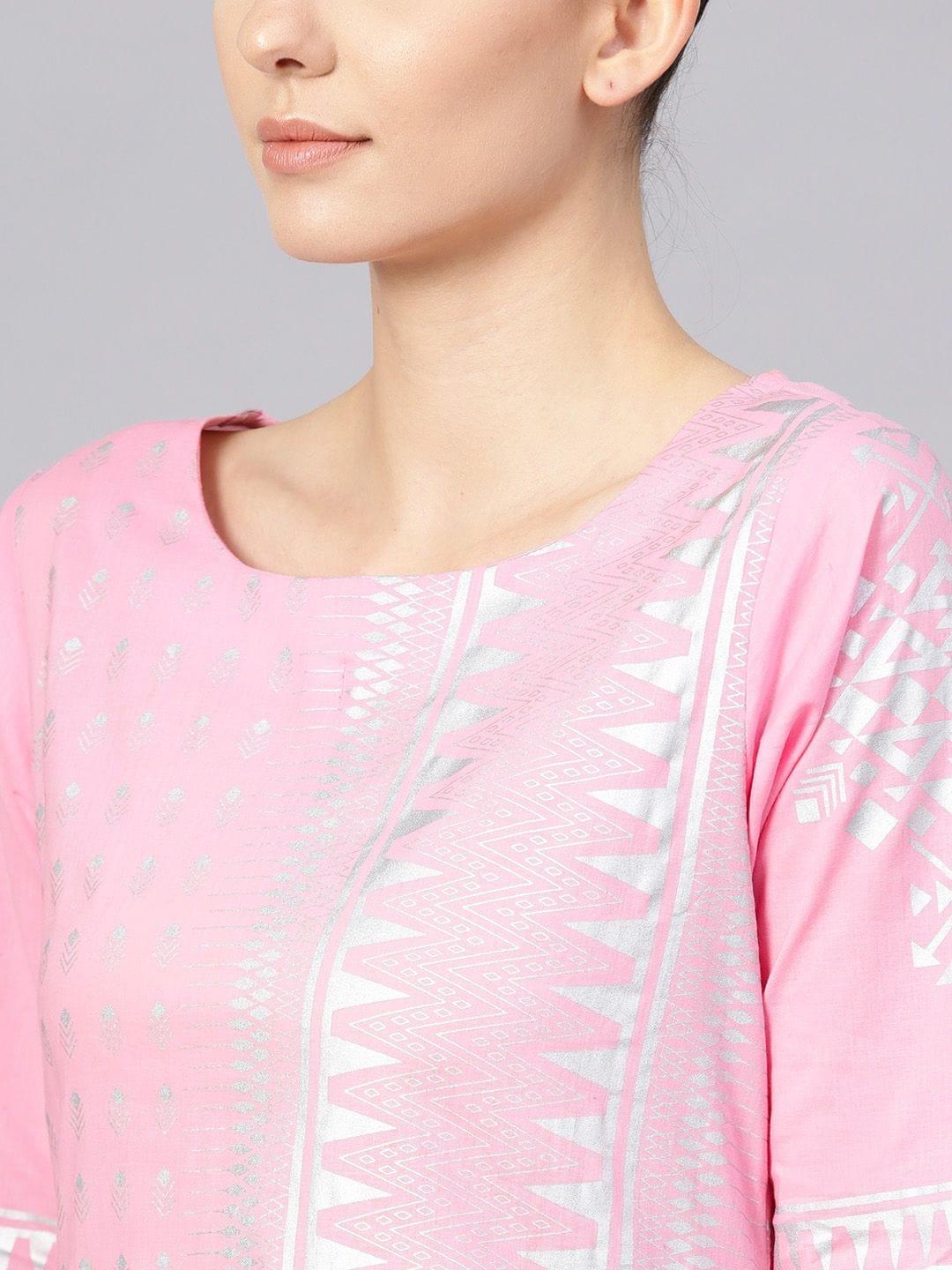 Pink Foil Print Straight Kurta - Indiakreations