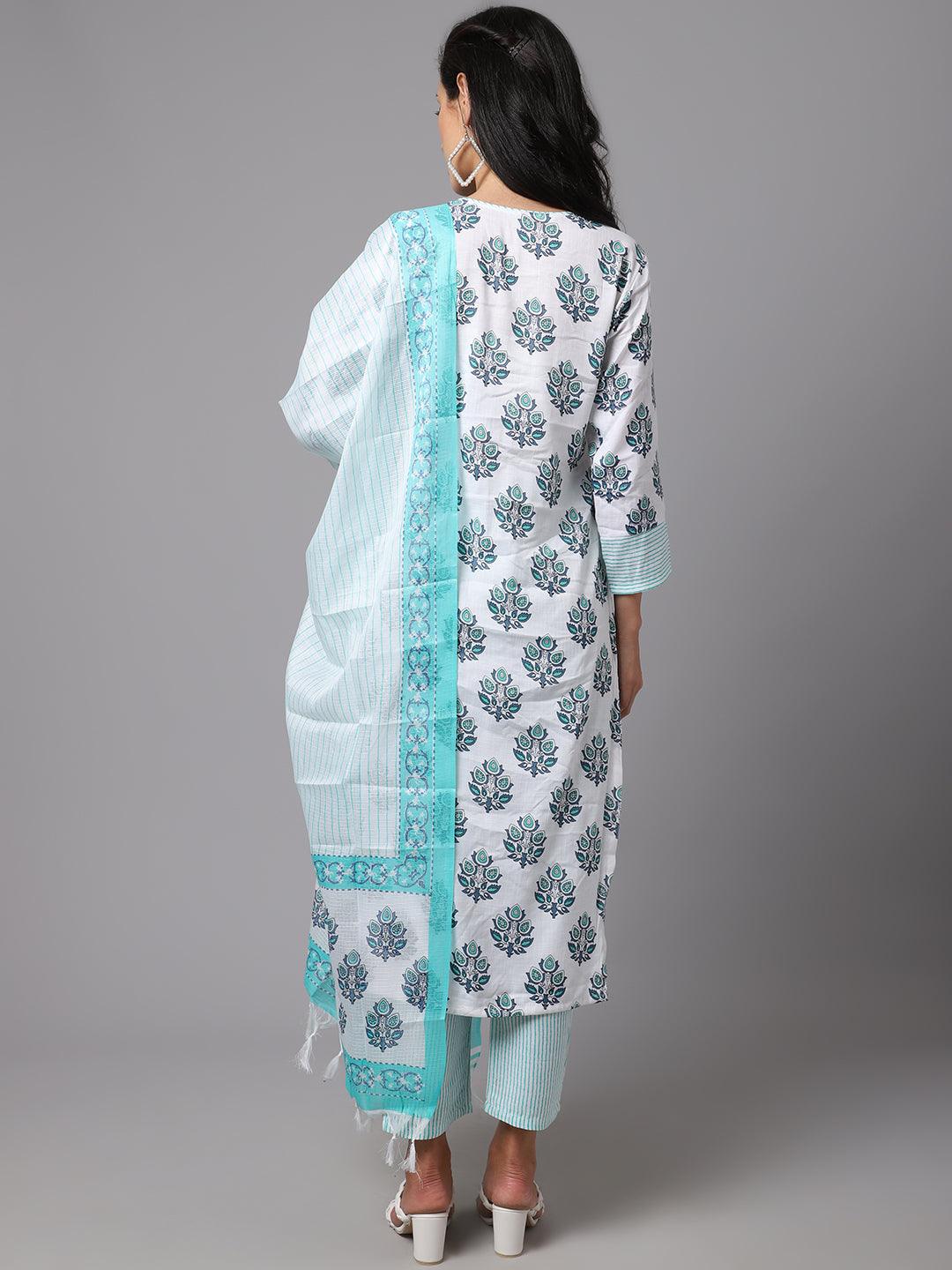 Women's White Color Block Printed Kurta and Pant Set with Dupatta - AILISH - Indiakreations