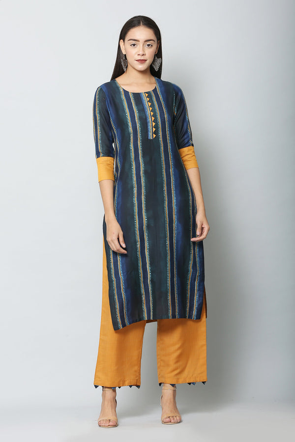 Women's Blue Color Muslin Straight Printed Kurta Pant Set - VAABA