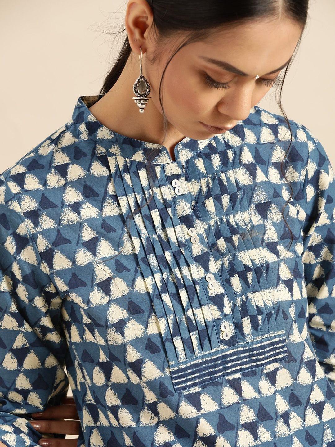 Blue & White Pure Cotton Printed Tunic With Trousers - Indiakreations