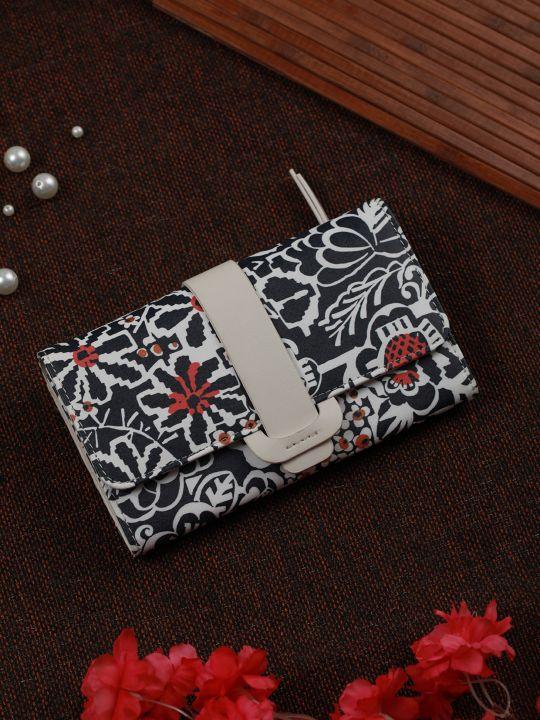 Women's Black Floral Motif Flap Wallet - Priyaasi - Indiakreations