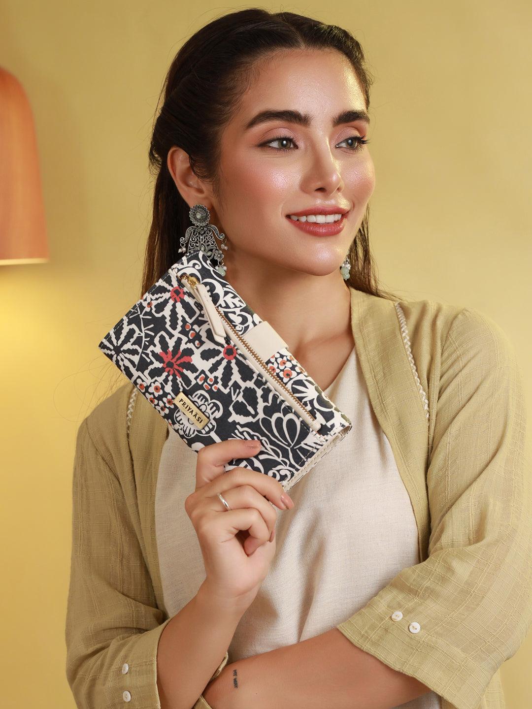 Women's Black Floral Motif Flap Wallet - Priyaasi - Indiakreations