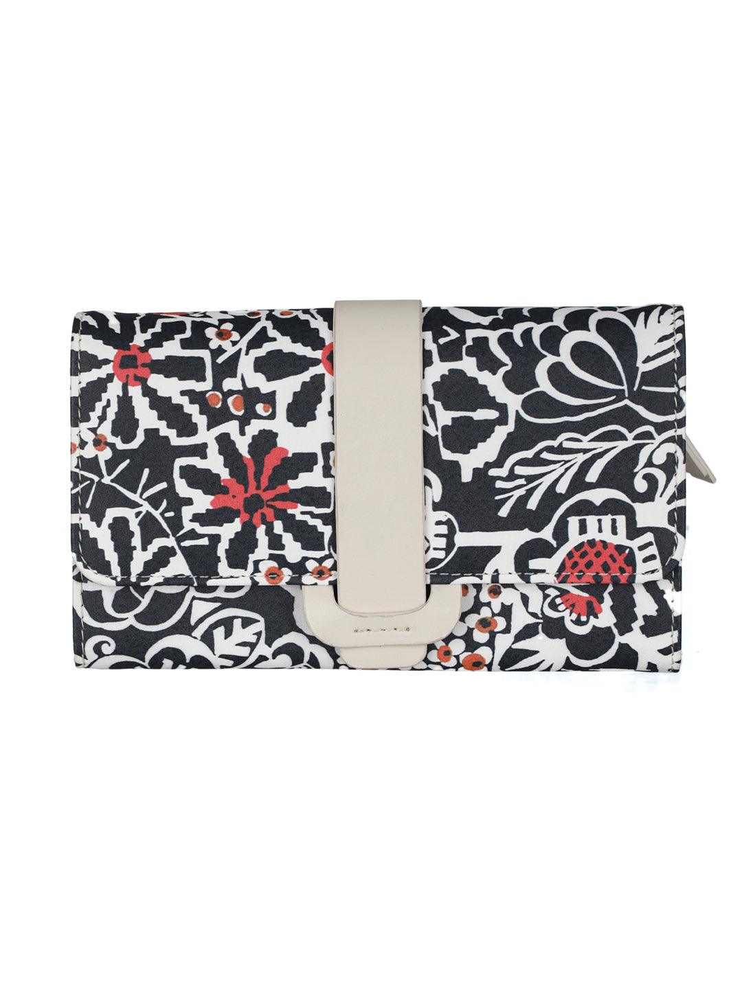 Women's Black Floral Motif Flap Wallet - Priyaasi - Indiakreations