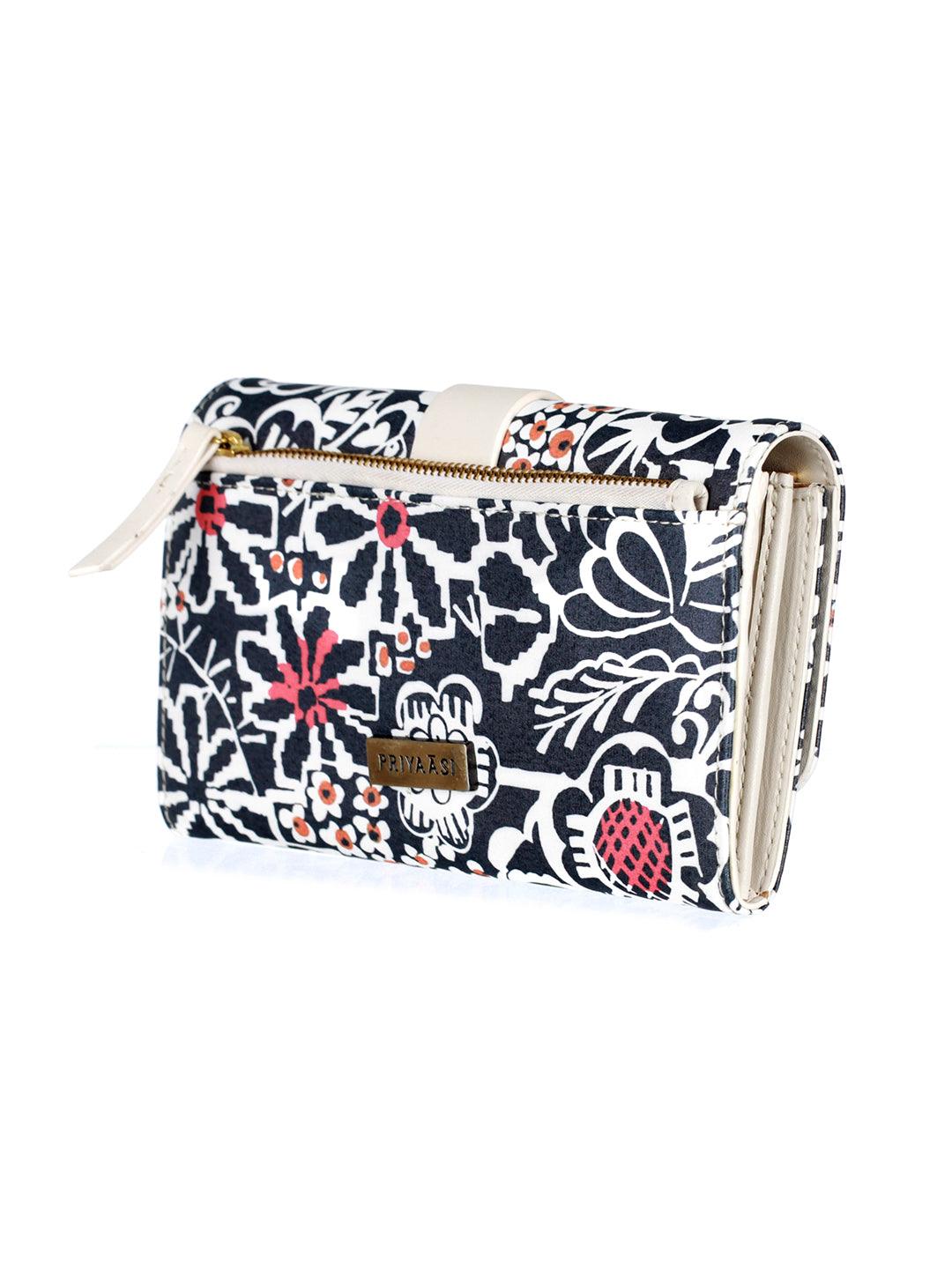 Women's Black Floral Motif Flap Wallet - Priyaasi - Indiakreations