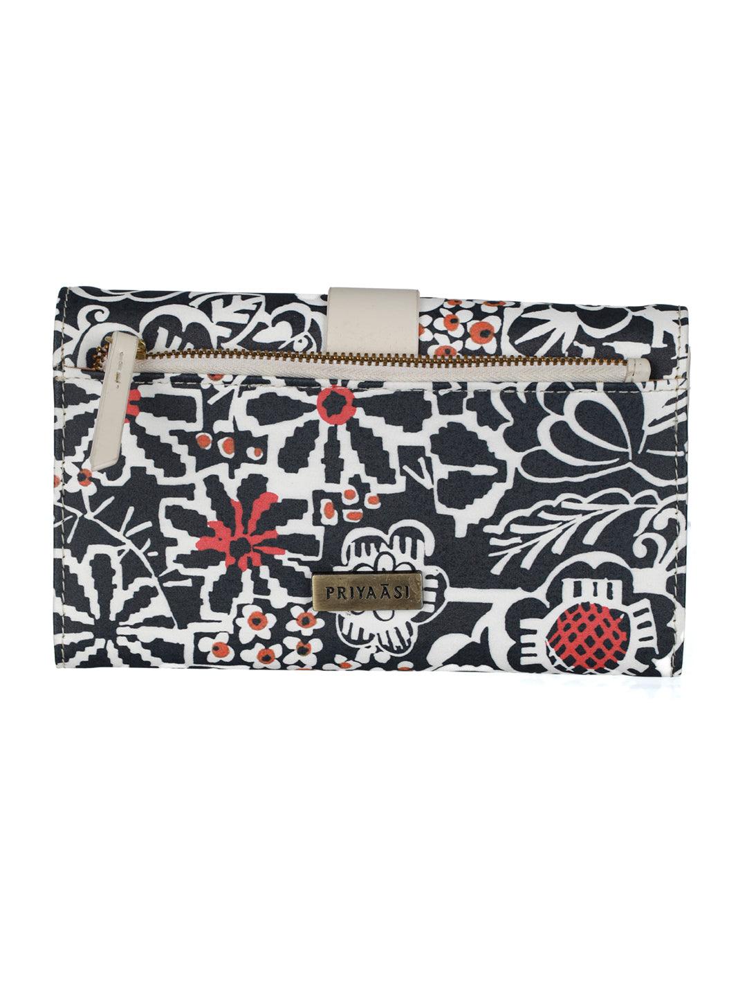 Women's Black Floral Motif Flap Wallet - Priyaasi - Indiakreations