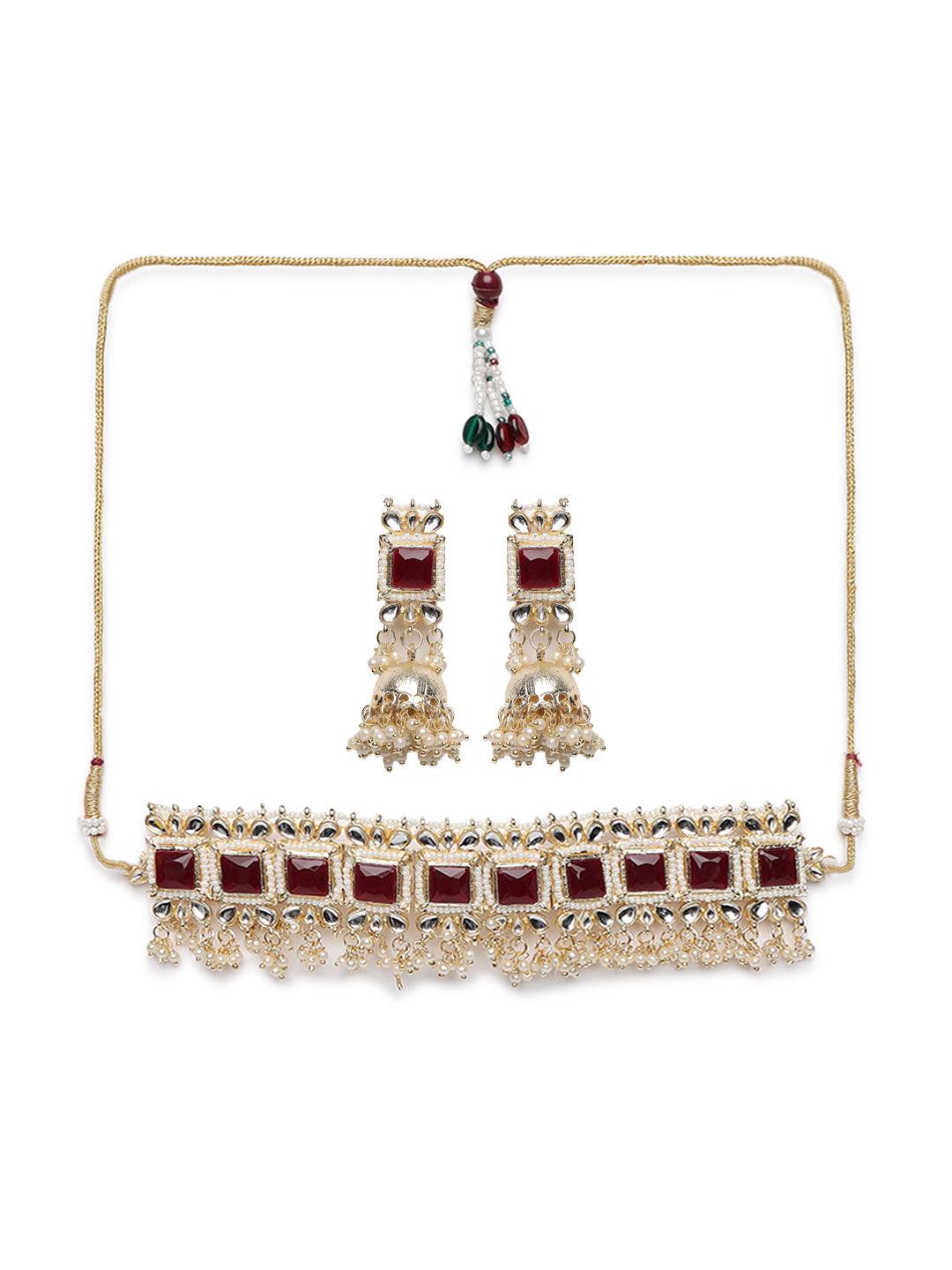 Women's Gold-Plated Mahroon & White Kundan Studded Handcrafted Jewellery Set - Jazz and Sizzle - Indiakreations