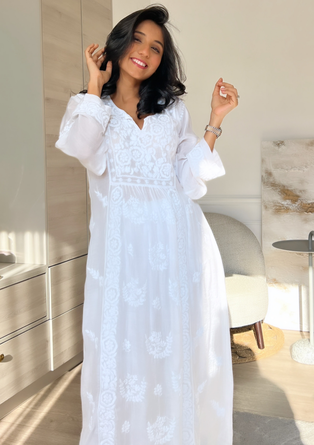 Maira A-line Kurta with chikankari hand embroidery and muslin in white colour.