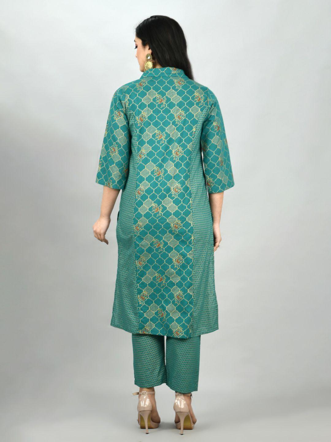 Women's Green Cotton Printed 3/4 Sleeve Shirt Coller Casual Kurta Pant Set - Myshka - Indiakreations