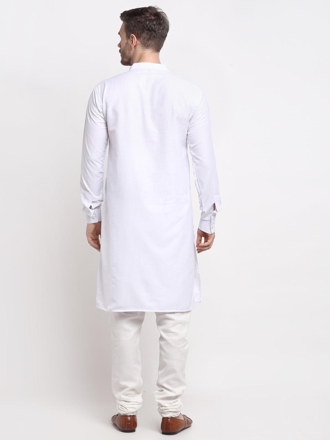 Men's White Pintuck Design Kurta With Churidaar Pyjama - Benstoke - Indiakreations