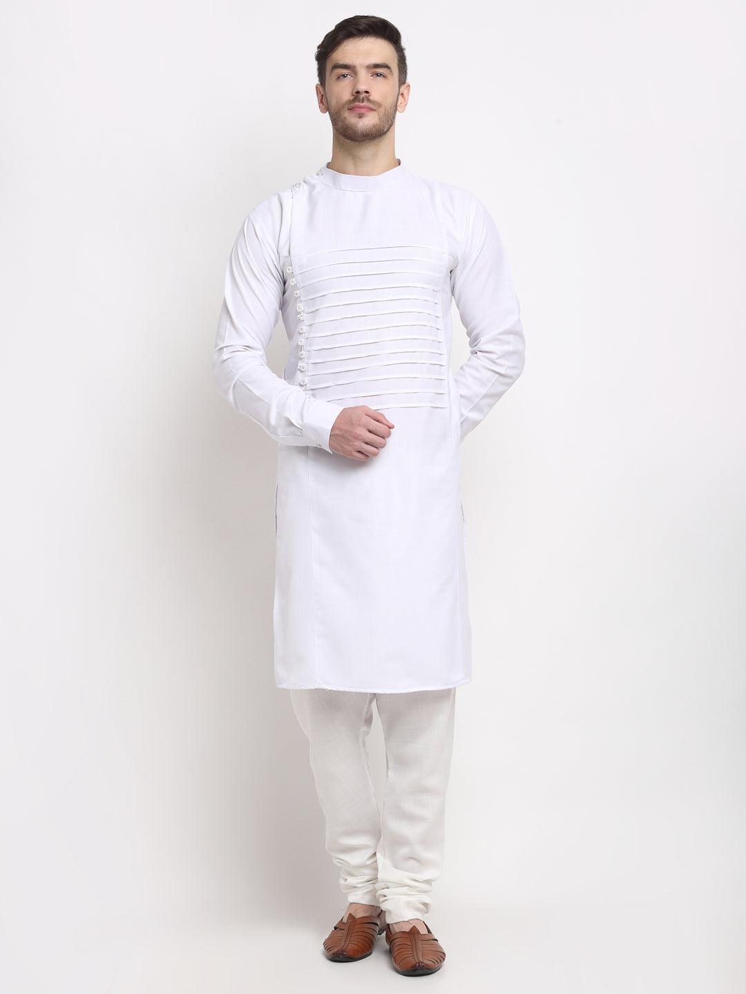 Men's White Pintuck Design Kurta With Churidaar Pyjama - Benstoke - Indiakreations