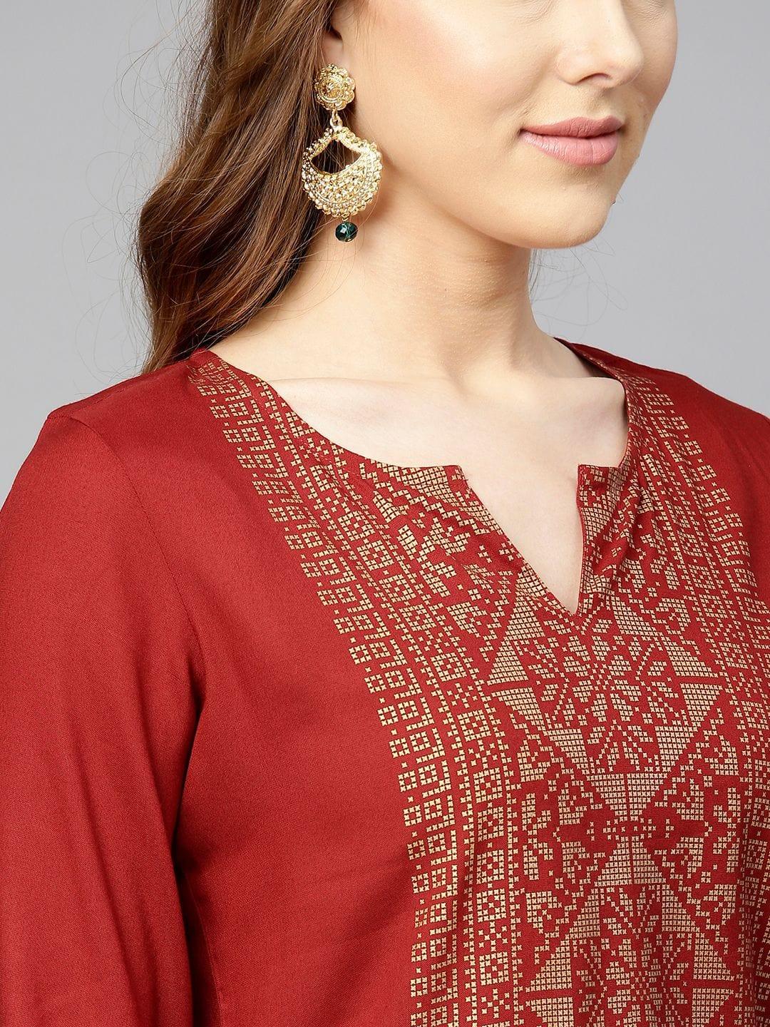 Women Maroon Foil Print Yoke Design Straight Kurta - Indiakreations