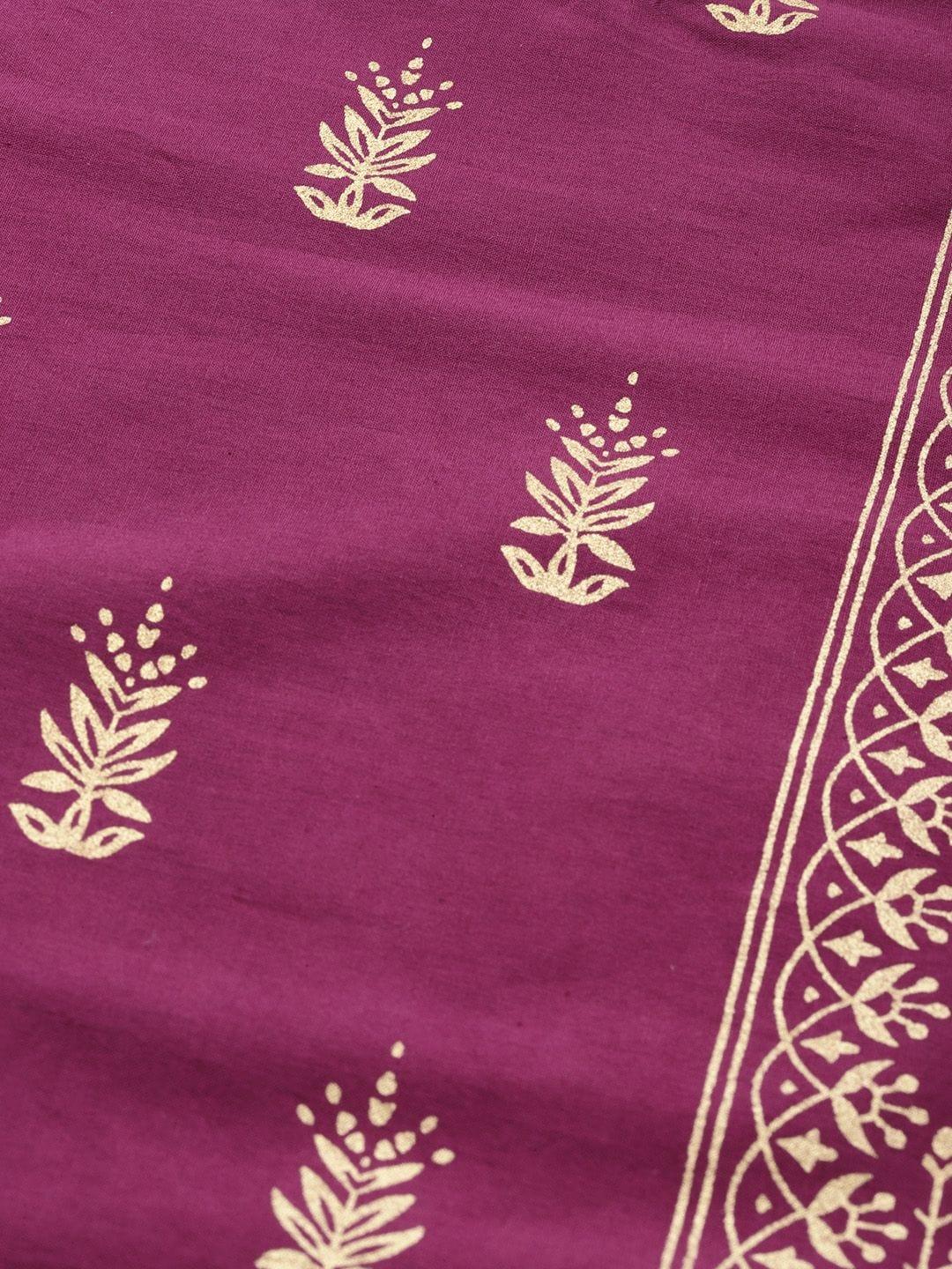 Women Magenta Pink & Gold-Toned Foil Printed Straight Kurta - Indiakreations