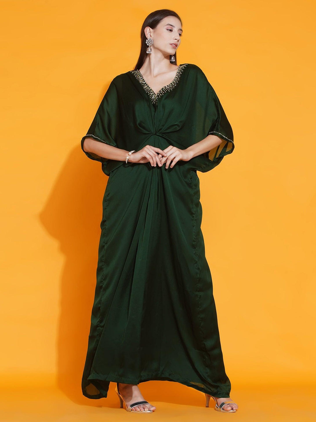 Women's Green Georgette Hand Embellished Kaftan Style Gown - Women Republic - Indiakreations