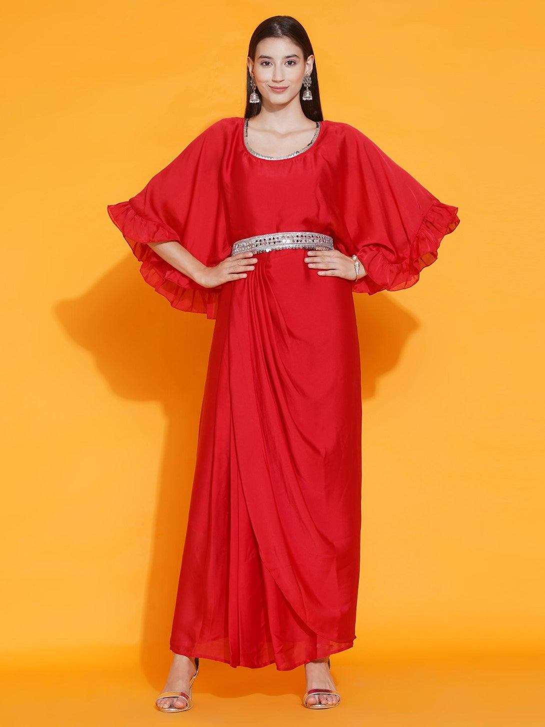 Women's Red Georgette Gown With Embellished Belt - Women Republic - Indiakreations