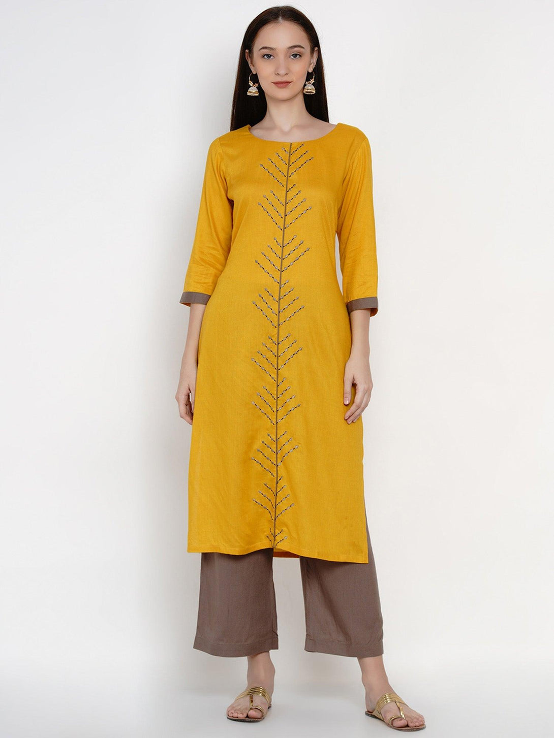 Women's Mustard Rayon Embroidered Kurta Set - Women Republic - Indiakreations