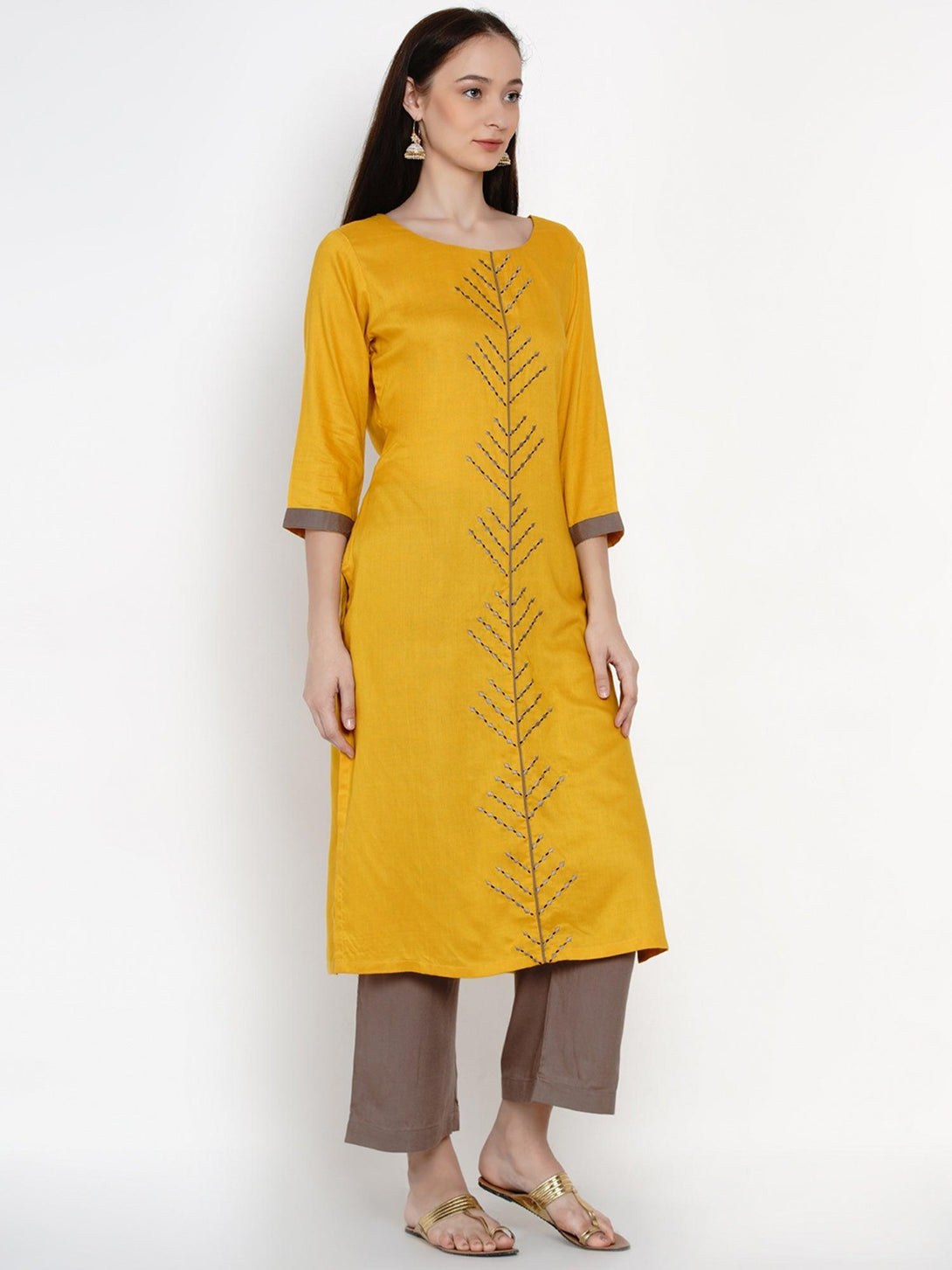 Women's Mustard Rayon Embroidered Kurta Set - Women Republic - Indiakreations