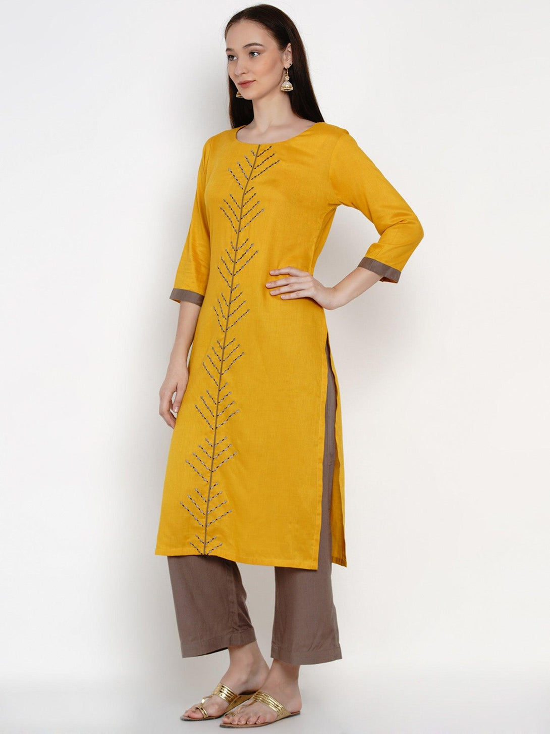 Women's Mustard Rayon Embroidered Kurta Set - Women Republic - Indiakreations