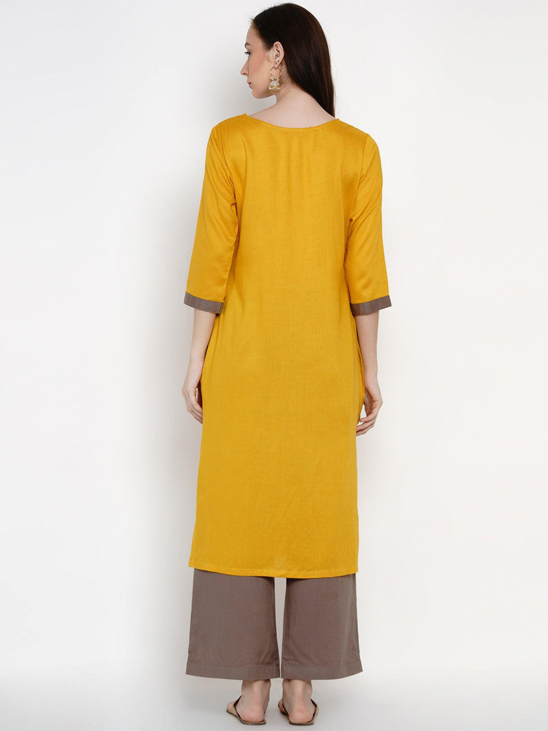 Women's Mustard Rayon Embroidered Kurta Set - Women Republic - Indiakreations