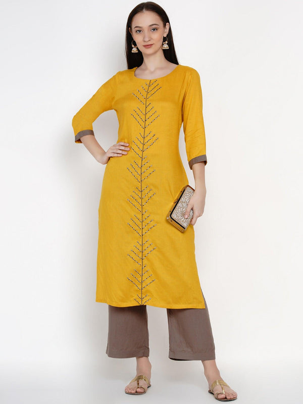 Women's Mustard Rayon Embroidered Kurta Set - Women Republic - Indiakreations