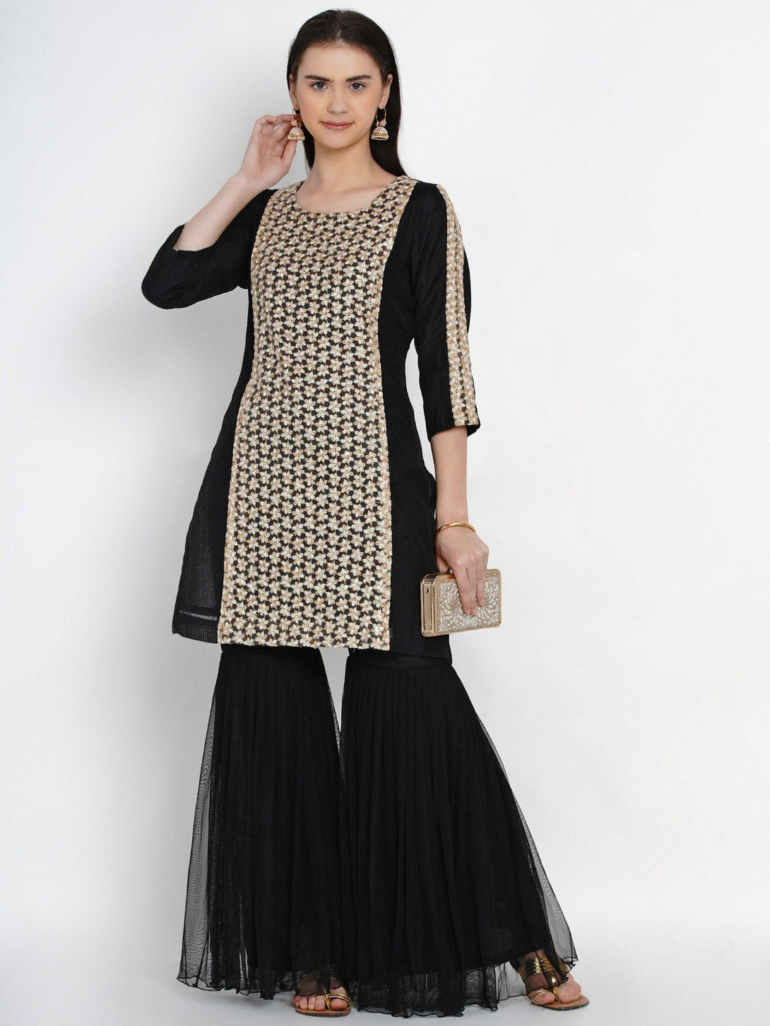 Women's Black Chanderi Kurta with Sharara - Women Republic - Indiakreations