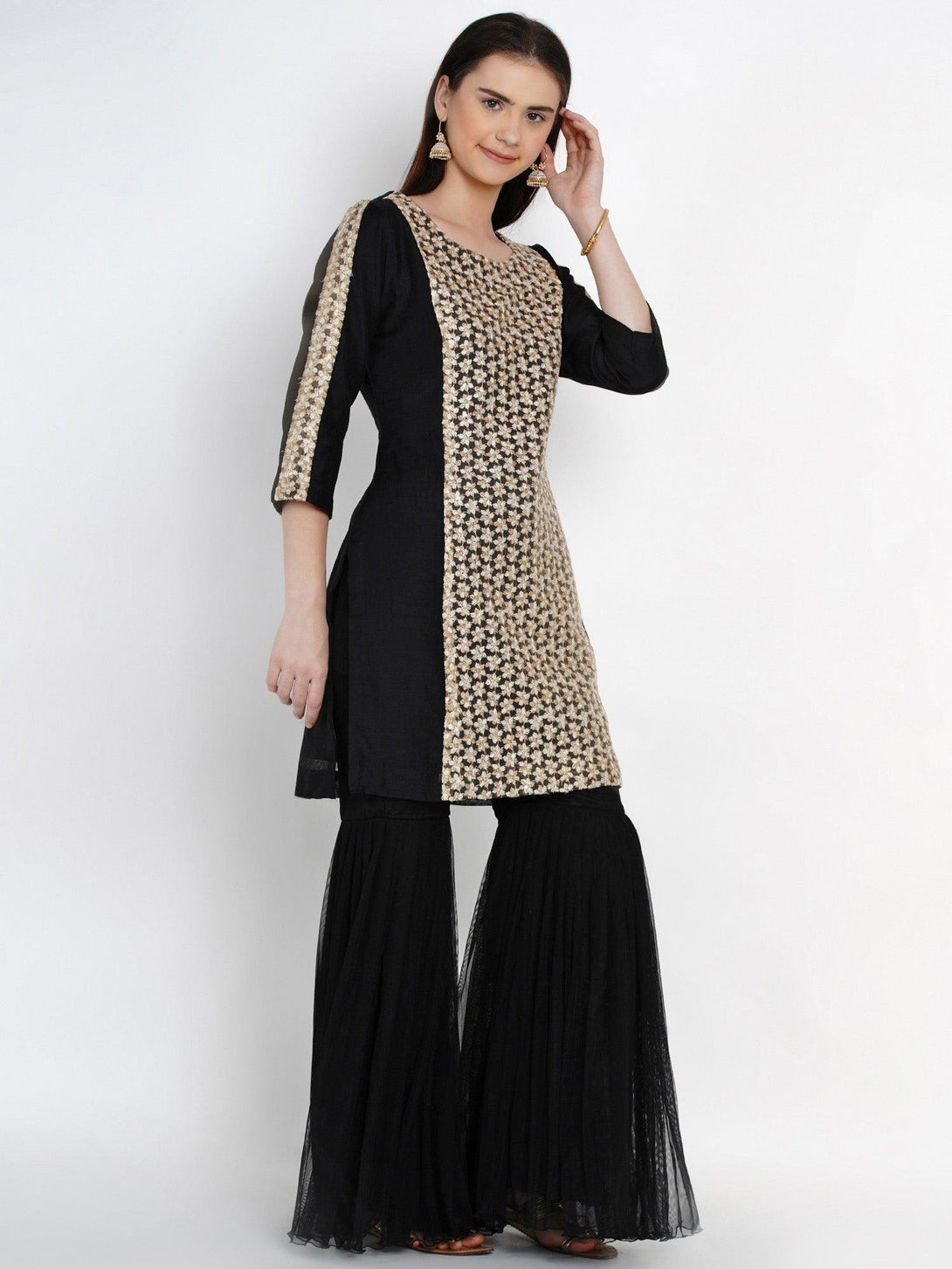 Women's Black Chanderi Kurta with Sharara - Women Republic - Indiakreations