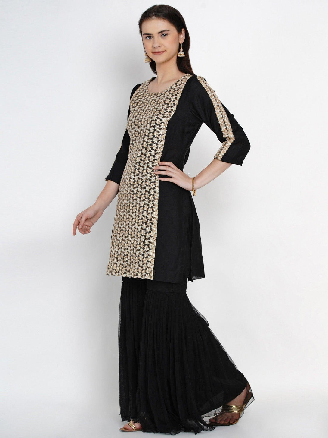 Women's Black Chanderi Kurta with Sharara - Women Republic - Indiakreations