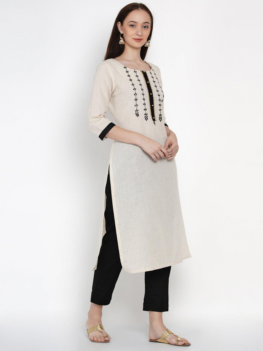 Women's Off White Cotton Flex Embroidered Kurta Set - Women Republic - Indiakreations