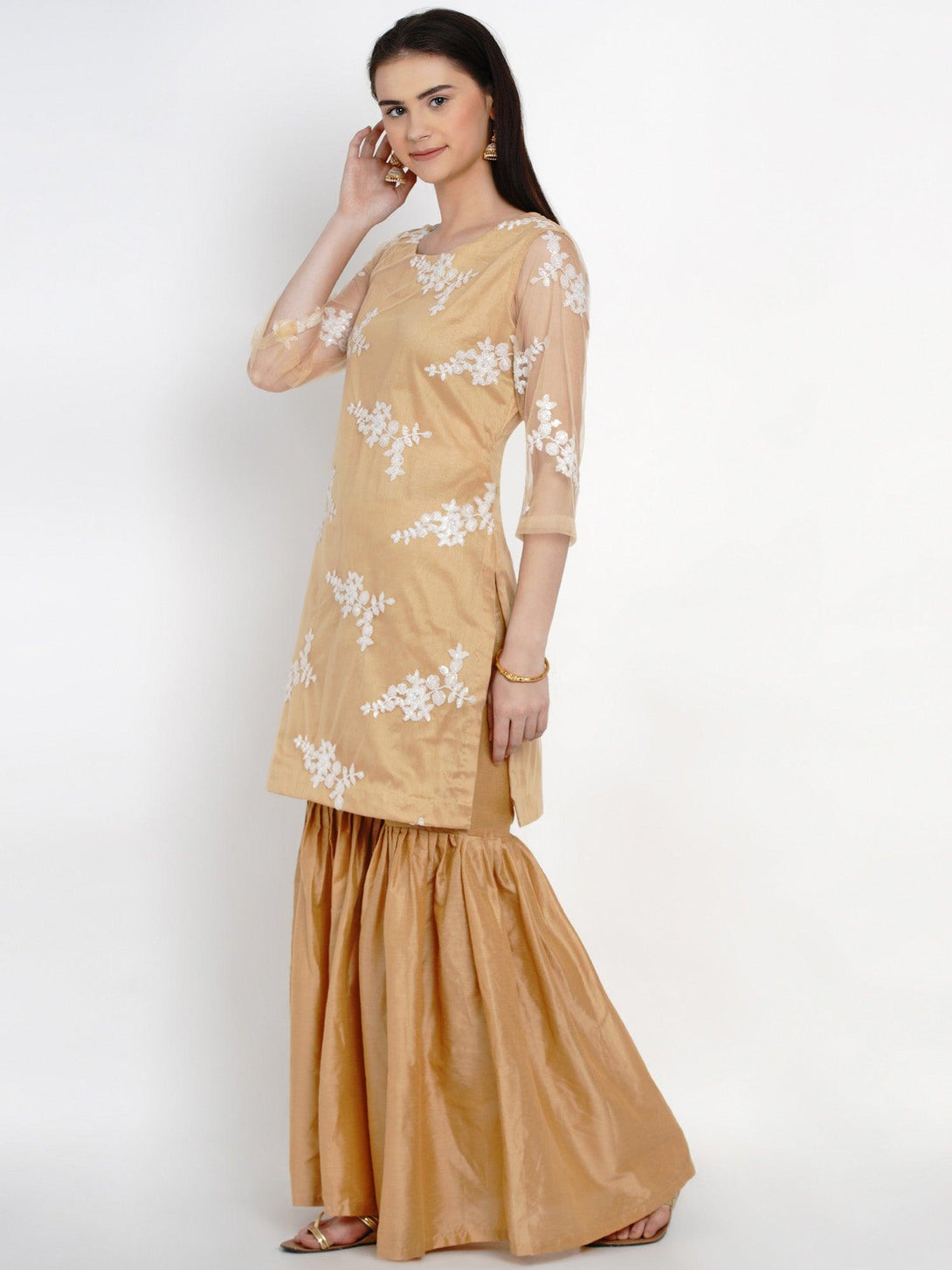 Women's Golden Net Kurta Set with Sequence Work - Women Republic - Indiakreations