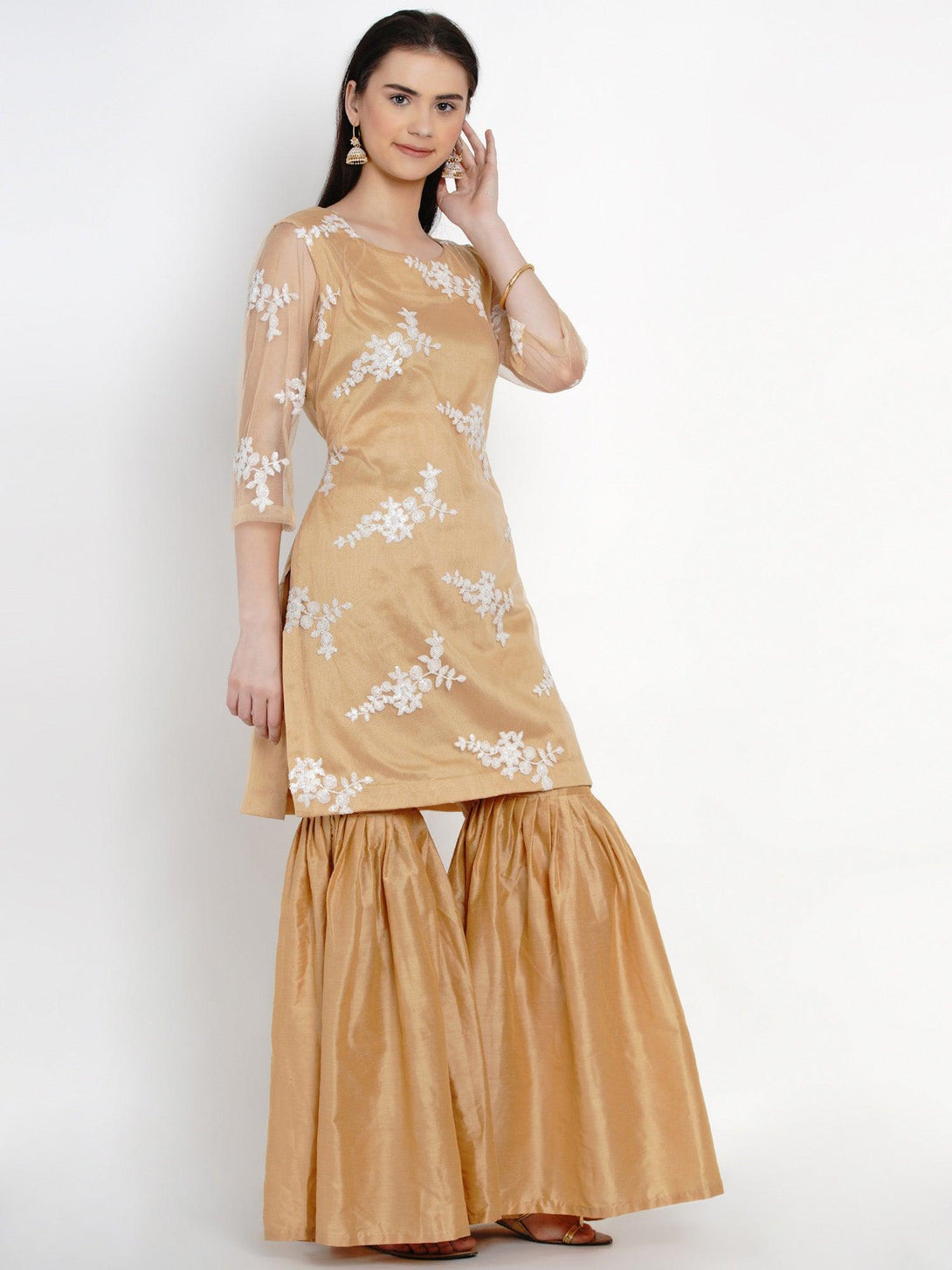 Women's Golden Net Kurta Set with Sequence Work - Women Republic - Indiakreations