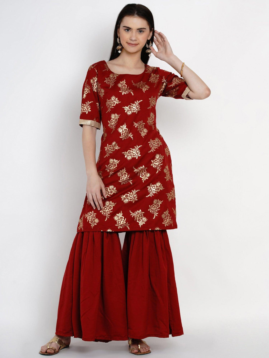 Women's Maroon Foil Printed Kurta with Sharara - Women Republic - Indiakreations