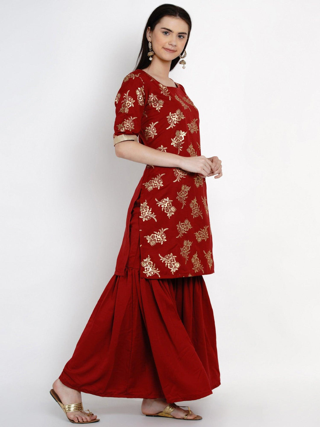 Women's Maroon Foil Printed Kurta with Sharara - Women Republic - Indiakreations